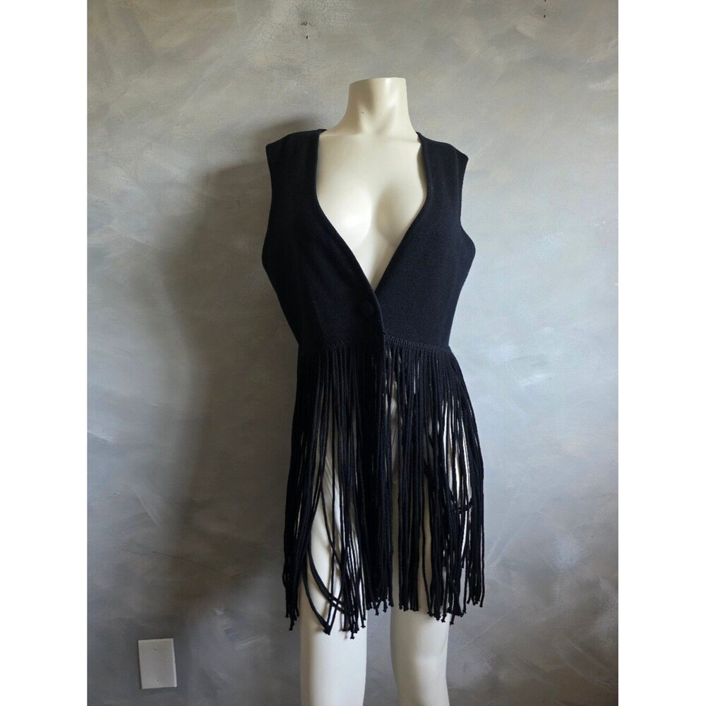 Black Vtg 70s Wool Single Button Long V neck Tassel Fringe Vest Sz S Western
